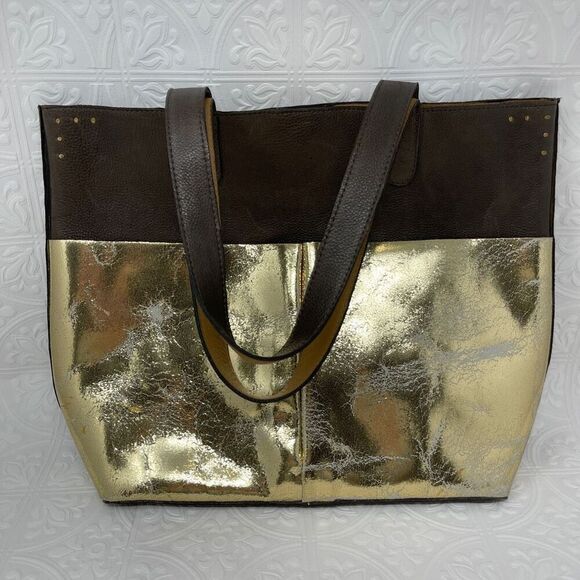 Calleen Cordero Brown Gold Metallic Genuine Leather Large Tote Bag - Picture 2 of 11